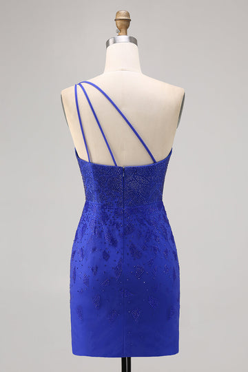 Sparkly Royal Blue Bodycon Beaded One Shoulder Short Cocktail Dress